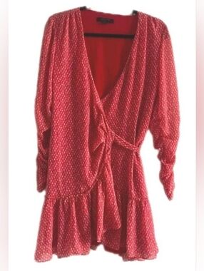 AllSaints Flowers Red & Cream Hearts Print Wrap Dress Ruched Ruffled Sleeve Sz M